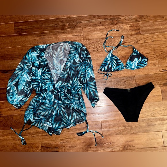 3 Piece Swimsuit Leaf Print Halter Drawstring Side Bikini Set with Cover Up - Picture 5 of 12